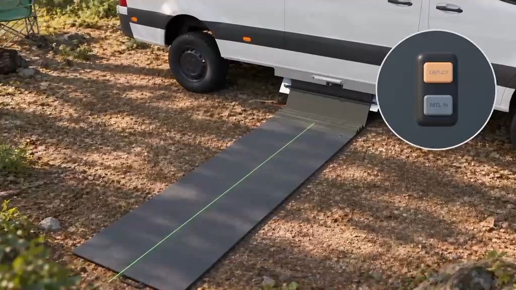 Concept render: green alignment laser along a folded mat, with an inset of the two-button handheld remote.