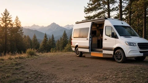 Illustration of a white camper van parked on a ridge at sunset.
