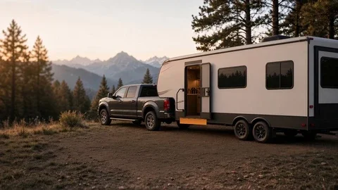 Illustration of a fifth-wheel trailer hitched to a pickup.