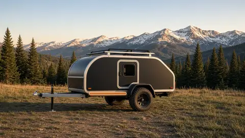 Illustration of an off-road camping trailer on a dirt track.
