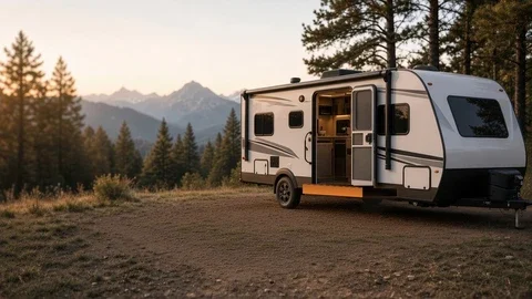 Illustration of a travel trailer at a wooded campsite.